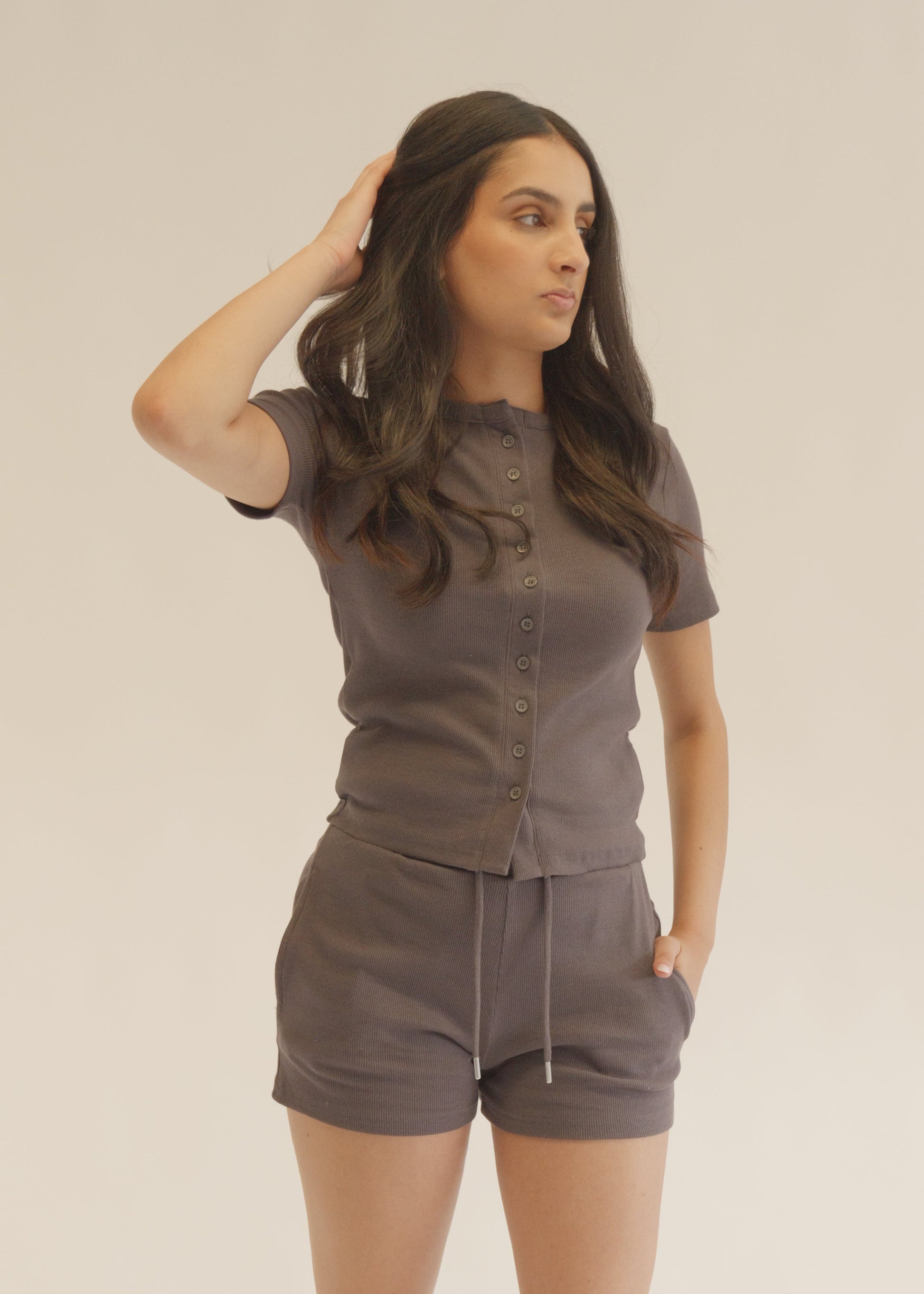 Charcoal Button-Up Top & Shorts Lounge Co-ord Set
