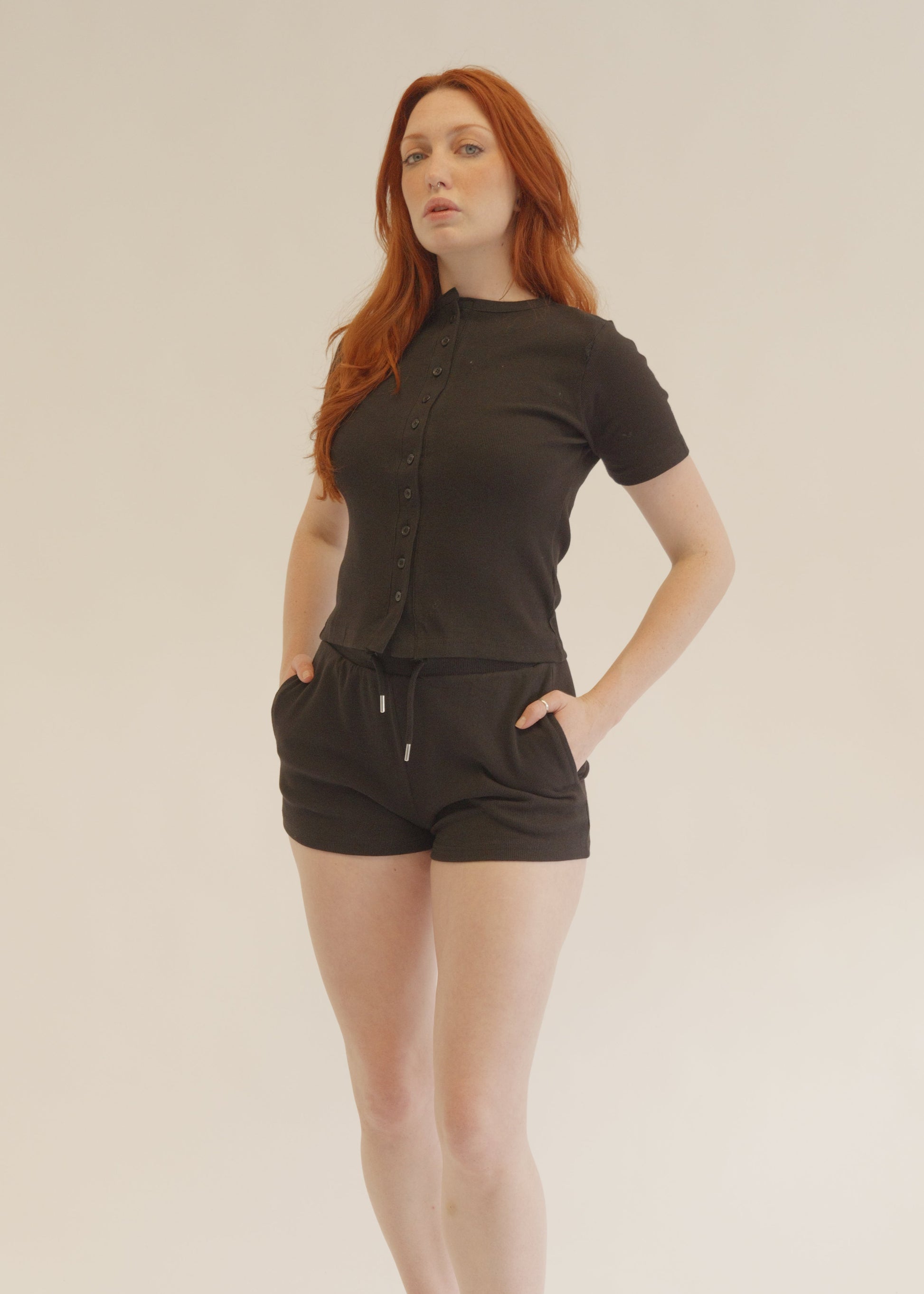 BlacK Button-Up Top & Shorts Lounge Co-ord Set