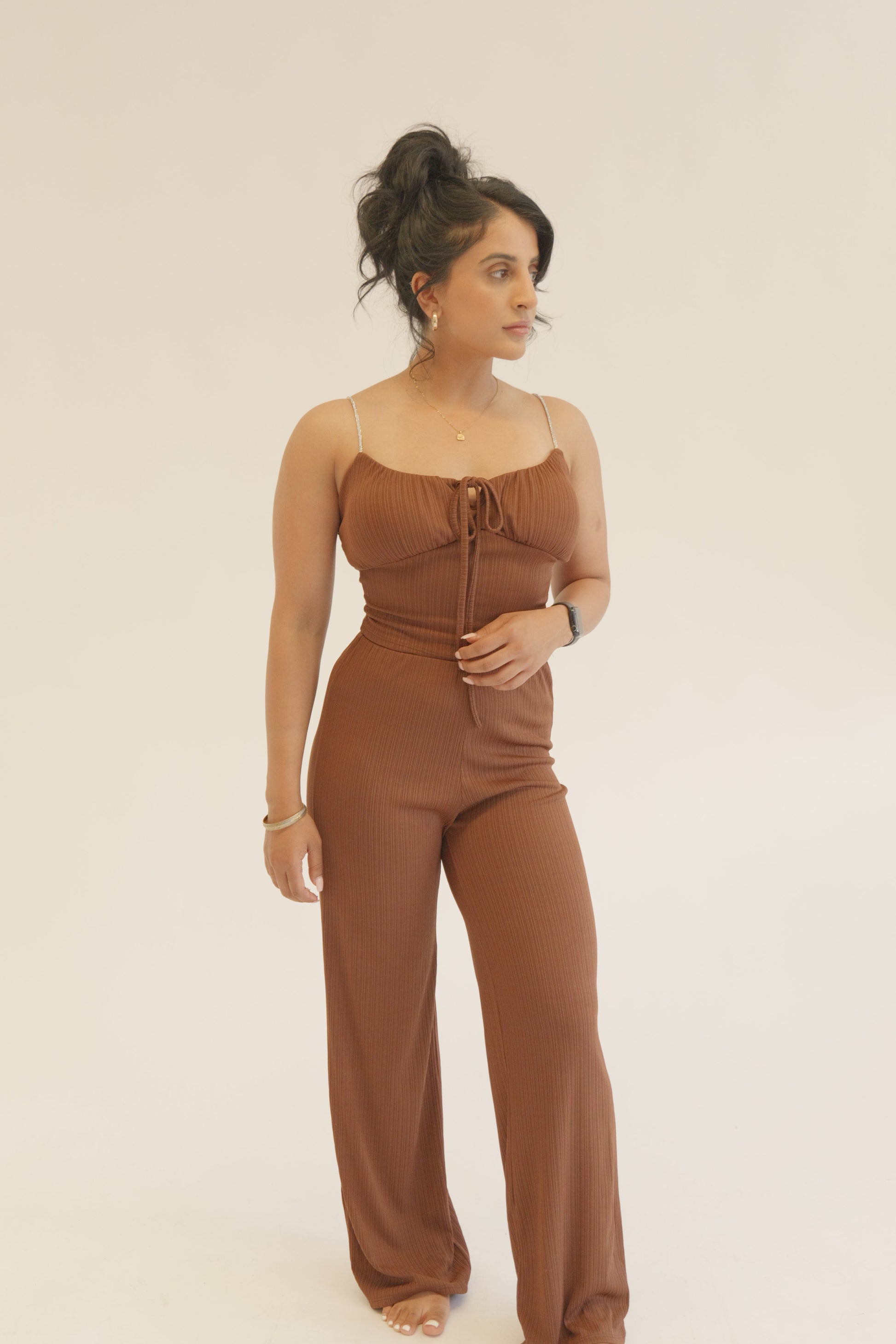 Brown Plissé Chain Strap Co-Ord Set