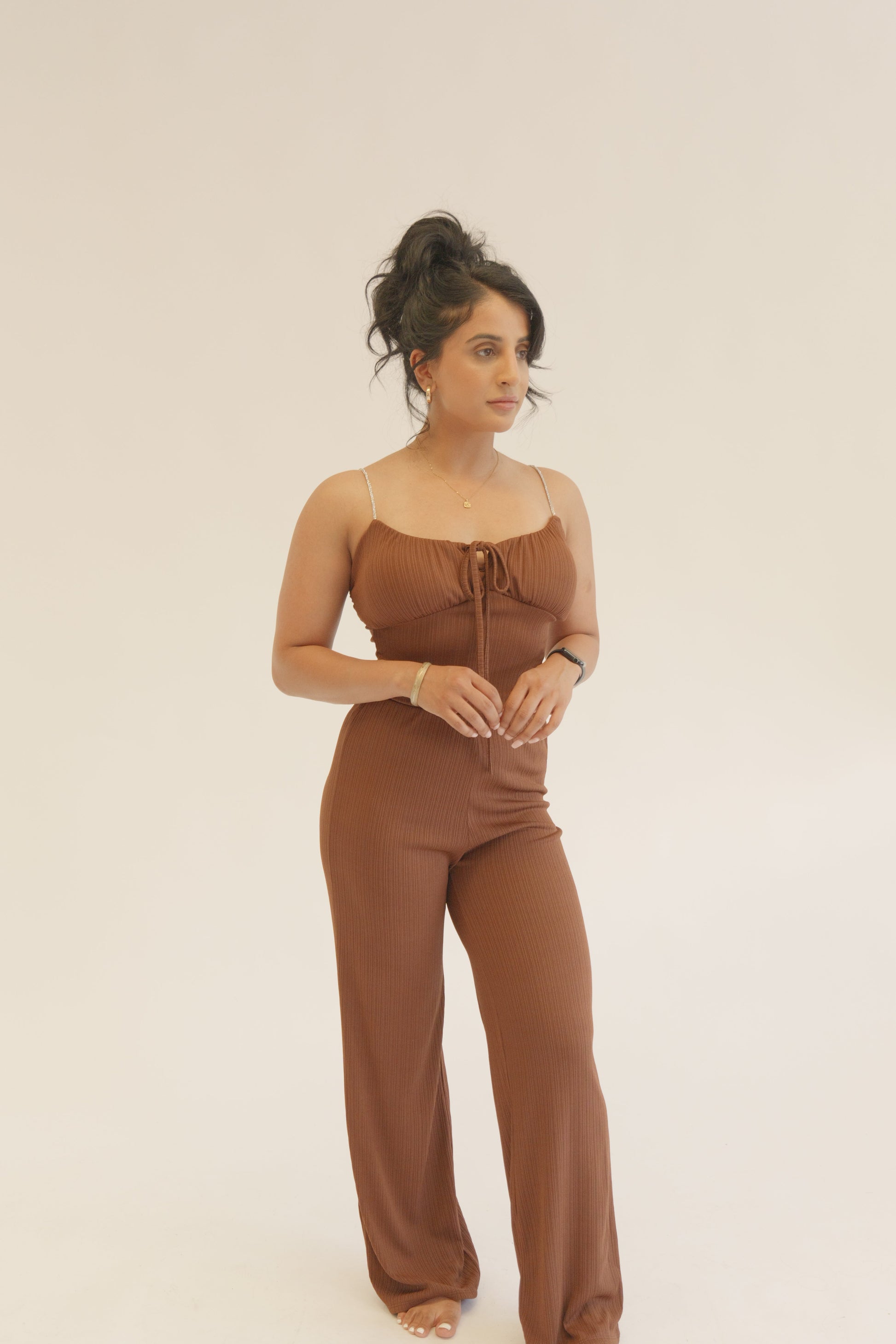 Brown Plissé Chain Strap Co-Ord Set