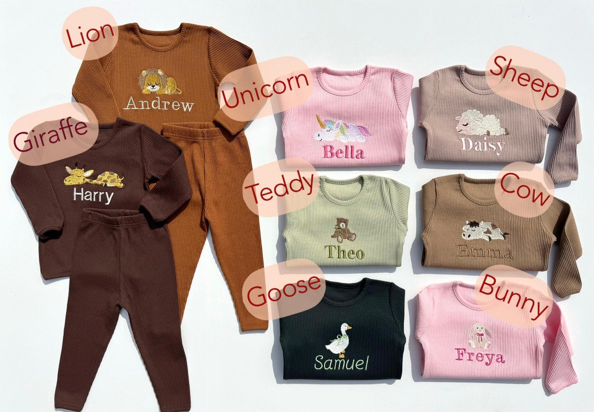 Kuki kids: Personalized Safari Lion Giraffe Unicorn Cow Sheep Lounge Set-Dungarees and Sleepsuit | Loungewear for Kids | Animal and Safari-Themed Christmas Gift Family Pyjamas