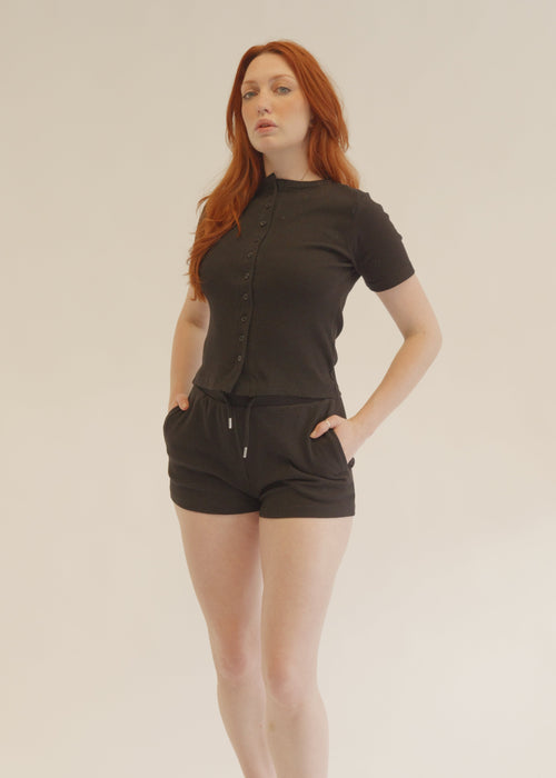 BlacK  Button-Up Top & Shorts Lounge Co-ord Set
