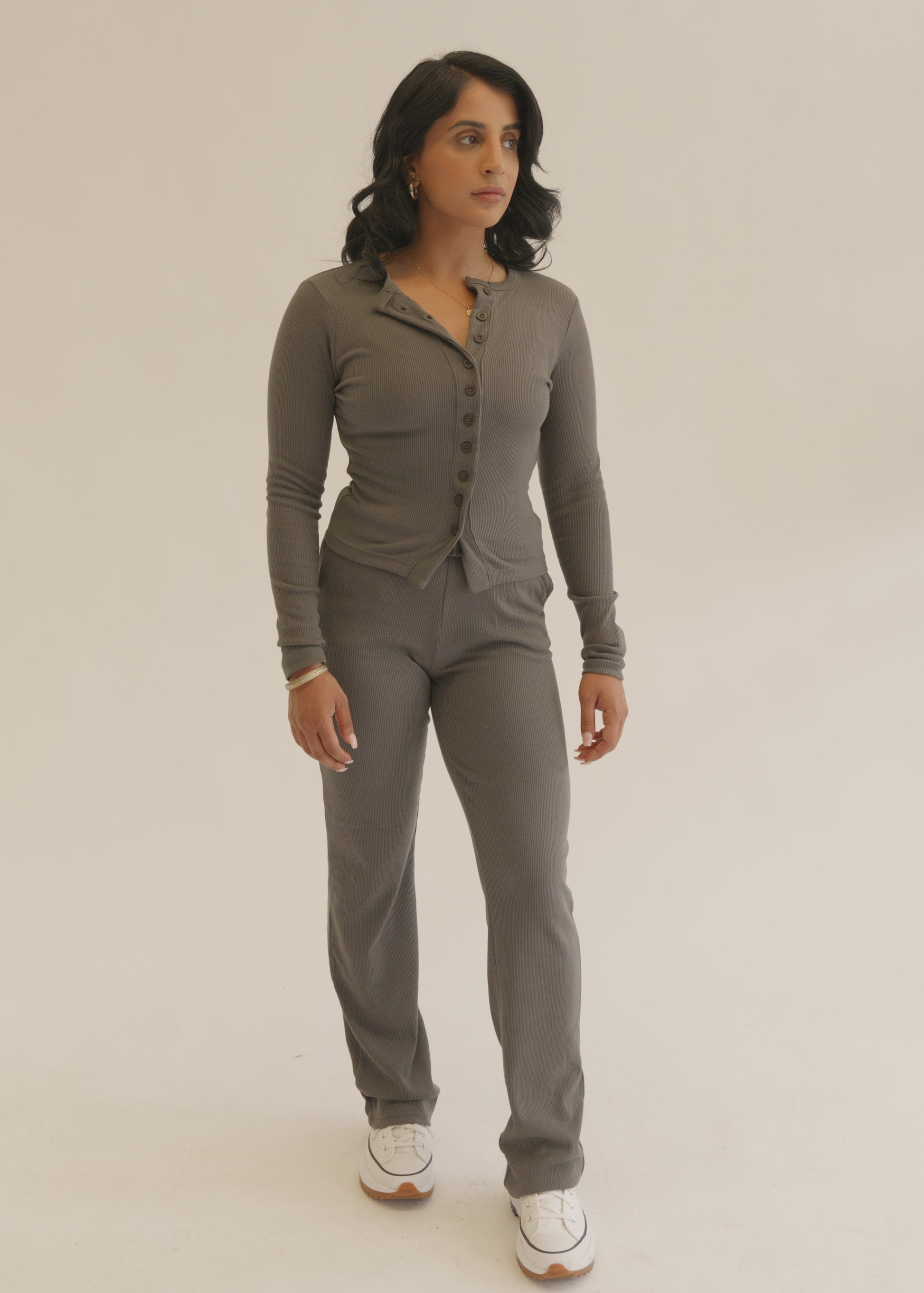 Grey Slate Ribbed Button-Up Long Sleeve Top & Trousers Cotton Loungewear Set