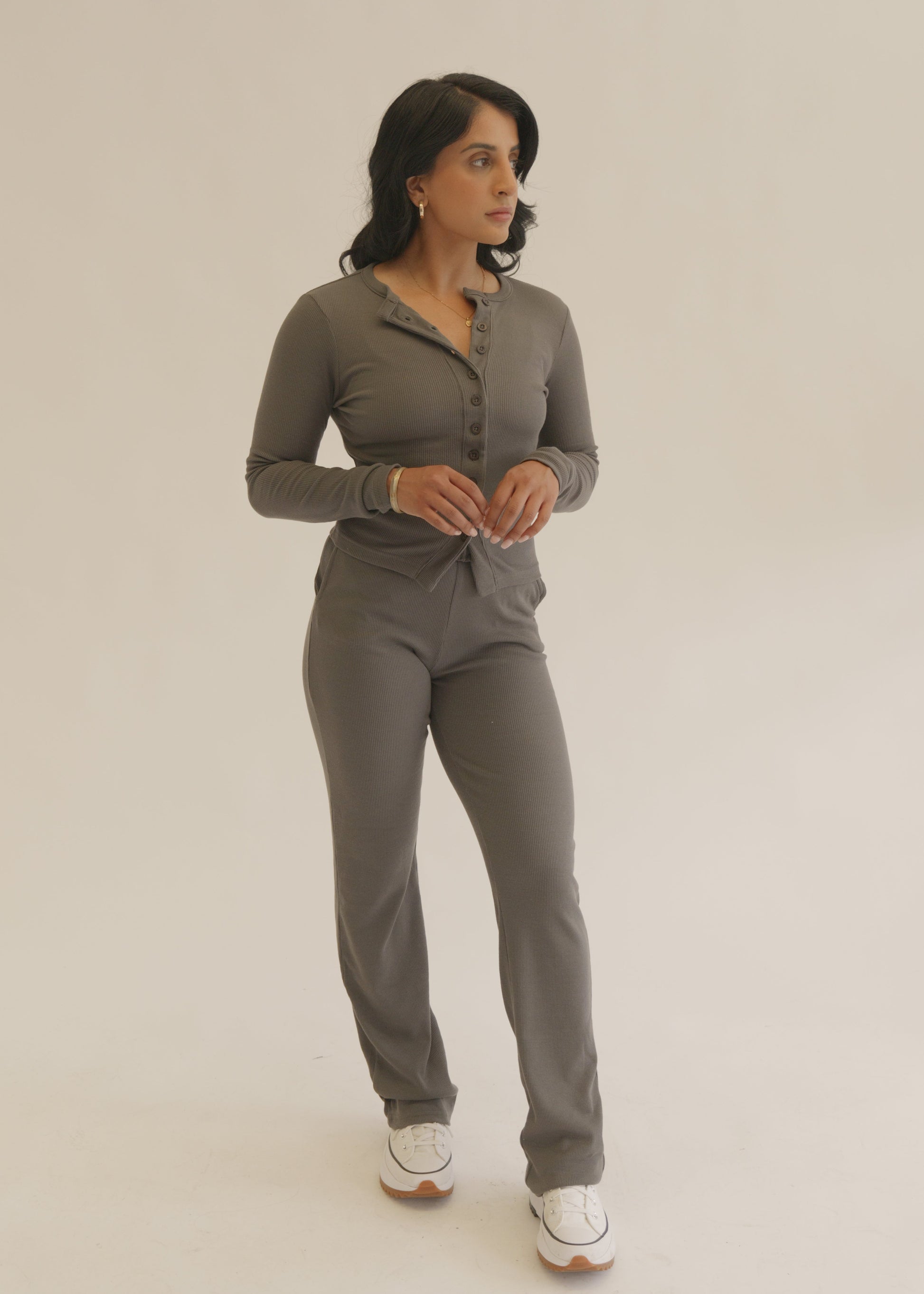 Grey Slate Ribbed Button-Up Long Sleeve Top & Trousers Cotton Loungewear Set