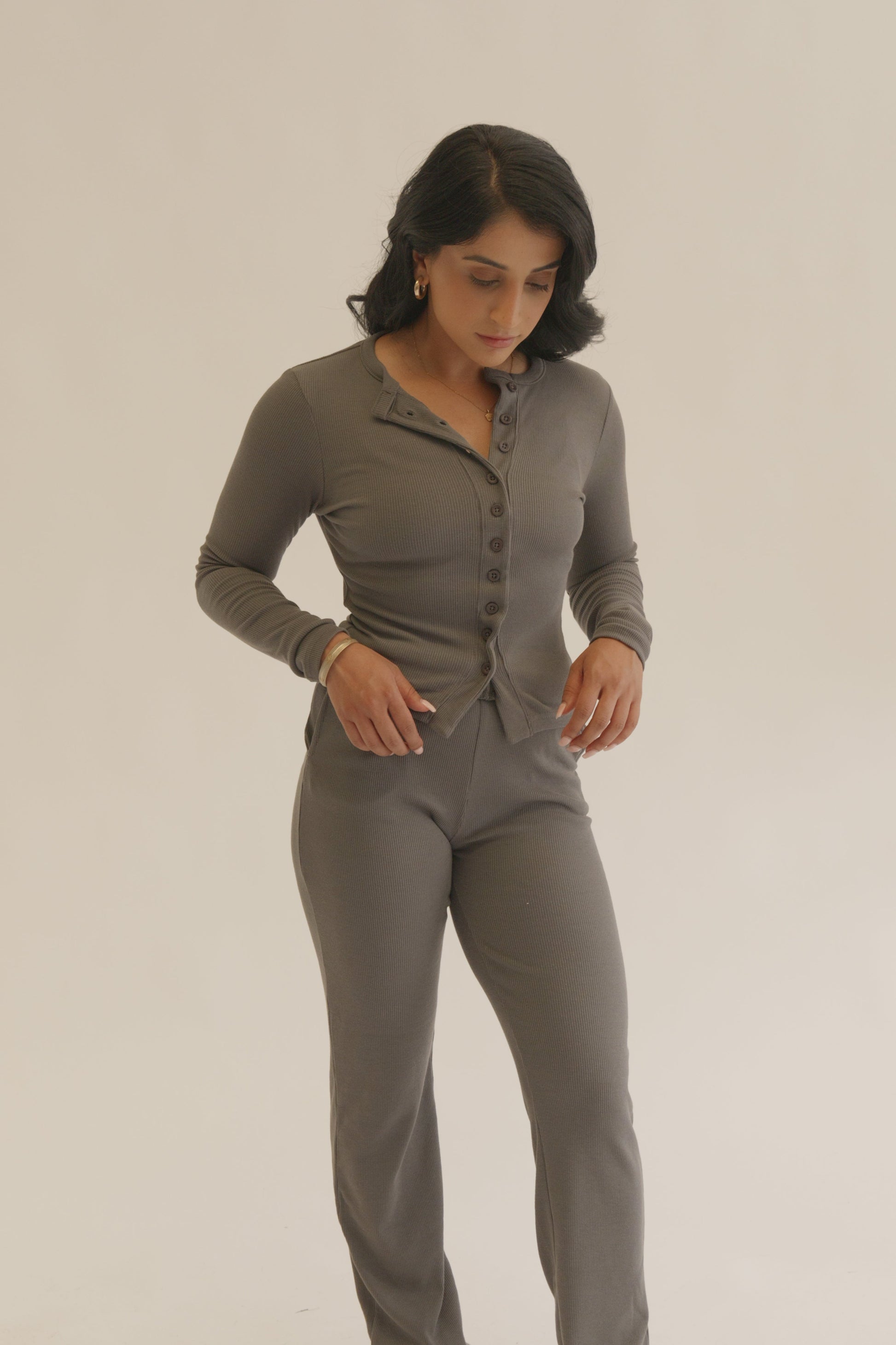 Grey Slate Ribbed Button-Up Long Sleeve Top & Trousers Cotton Loungewear Set