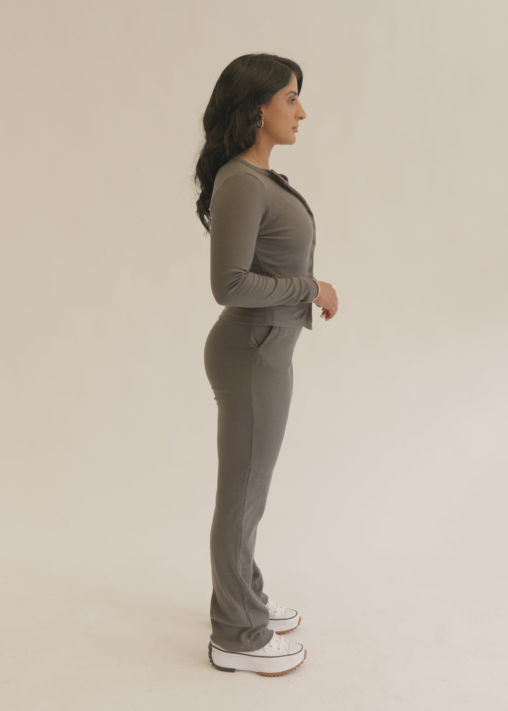 Grey Slate Ribbed Button-Up Long Sleeve Top & Trousers Cotton Loungewear Set