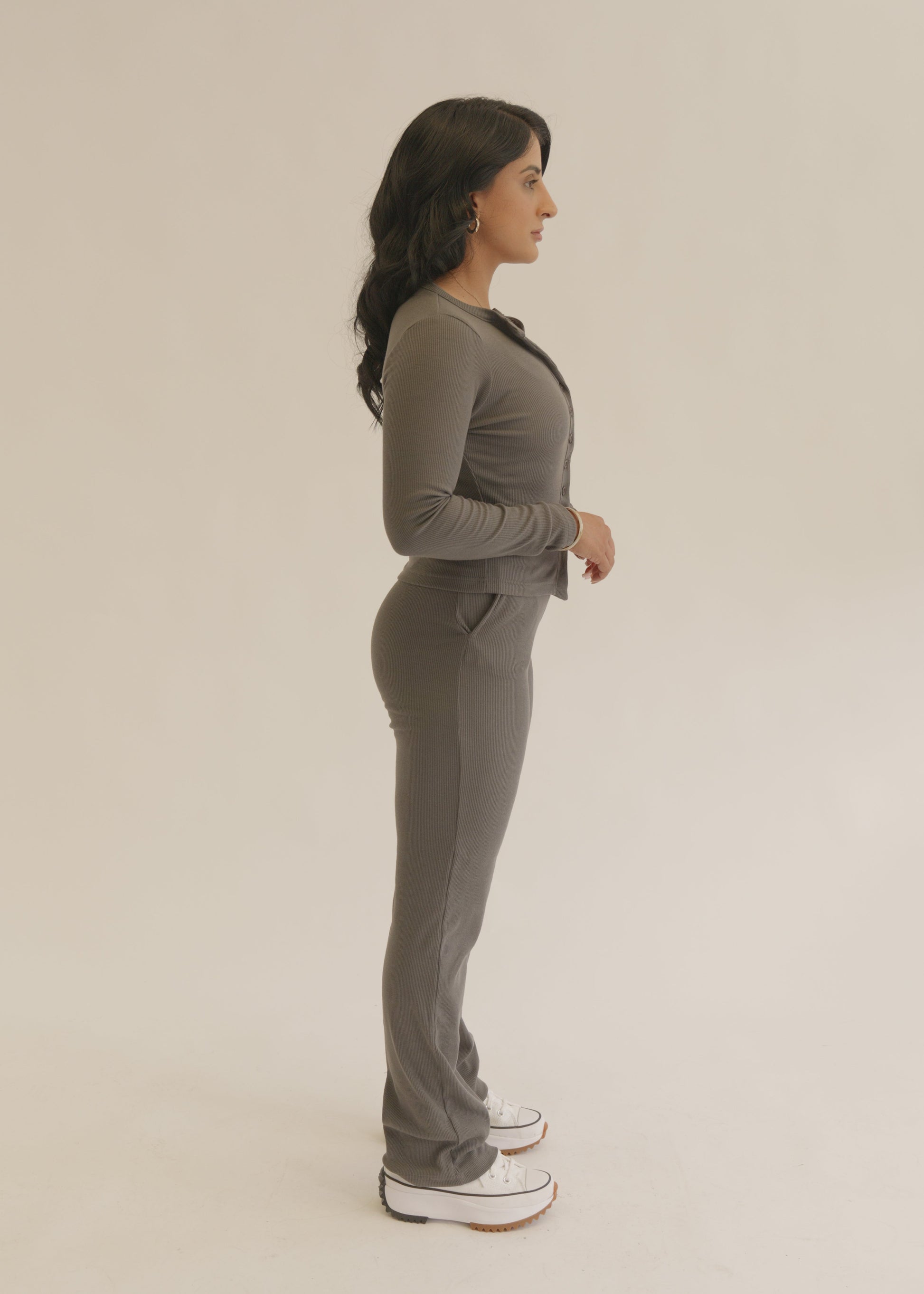 Grey Slate Ribbed Button-Up Long Sleeve Top & Trousers Cotton Loungewear Set