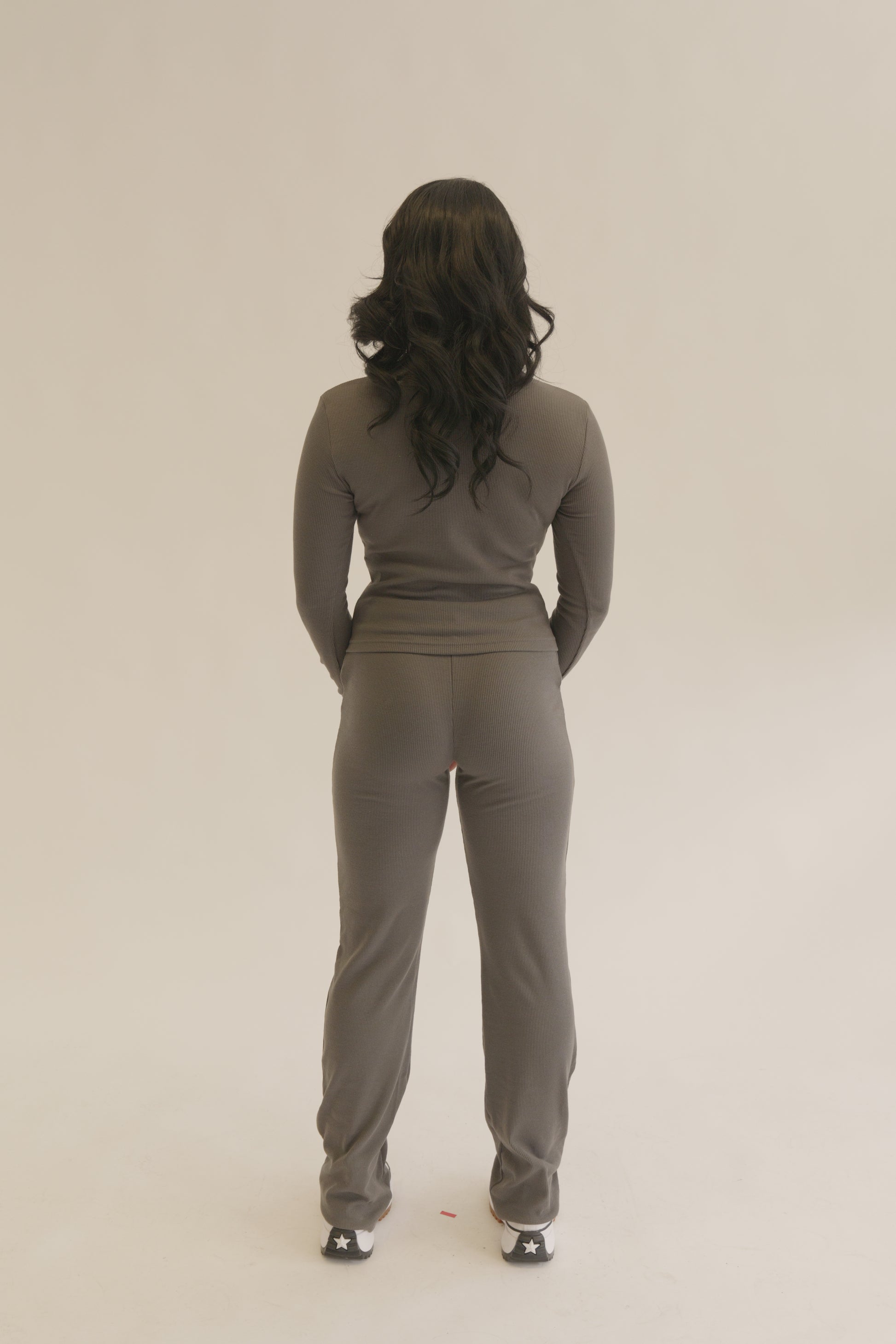 Grey Slate Ribbed Button-Up Long Sleeve Top & Trousers Cotton Loungewear Set