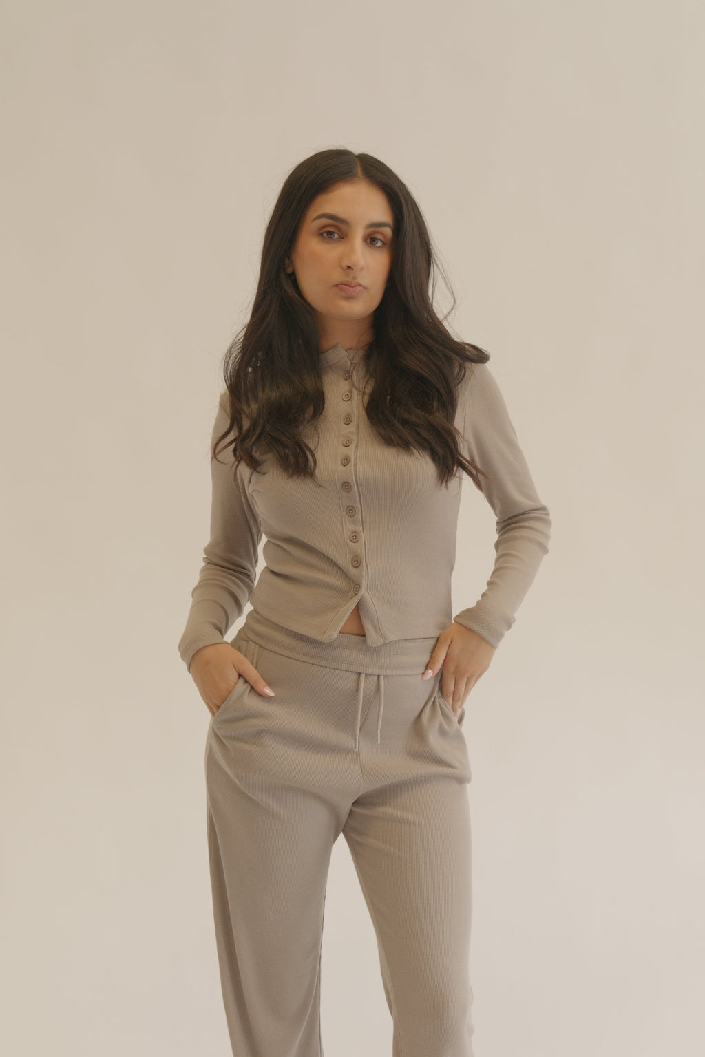 Dove Grey Ribbed Button-Up Long Sleeve Top & Trousers Cotton Loungewear Set