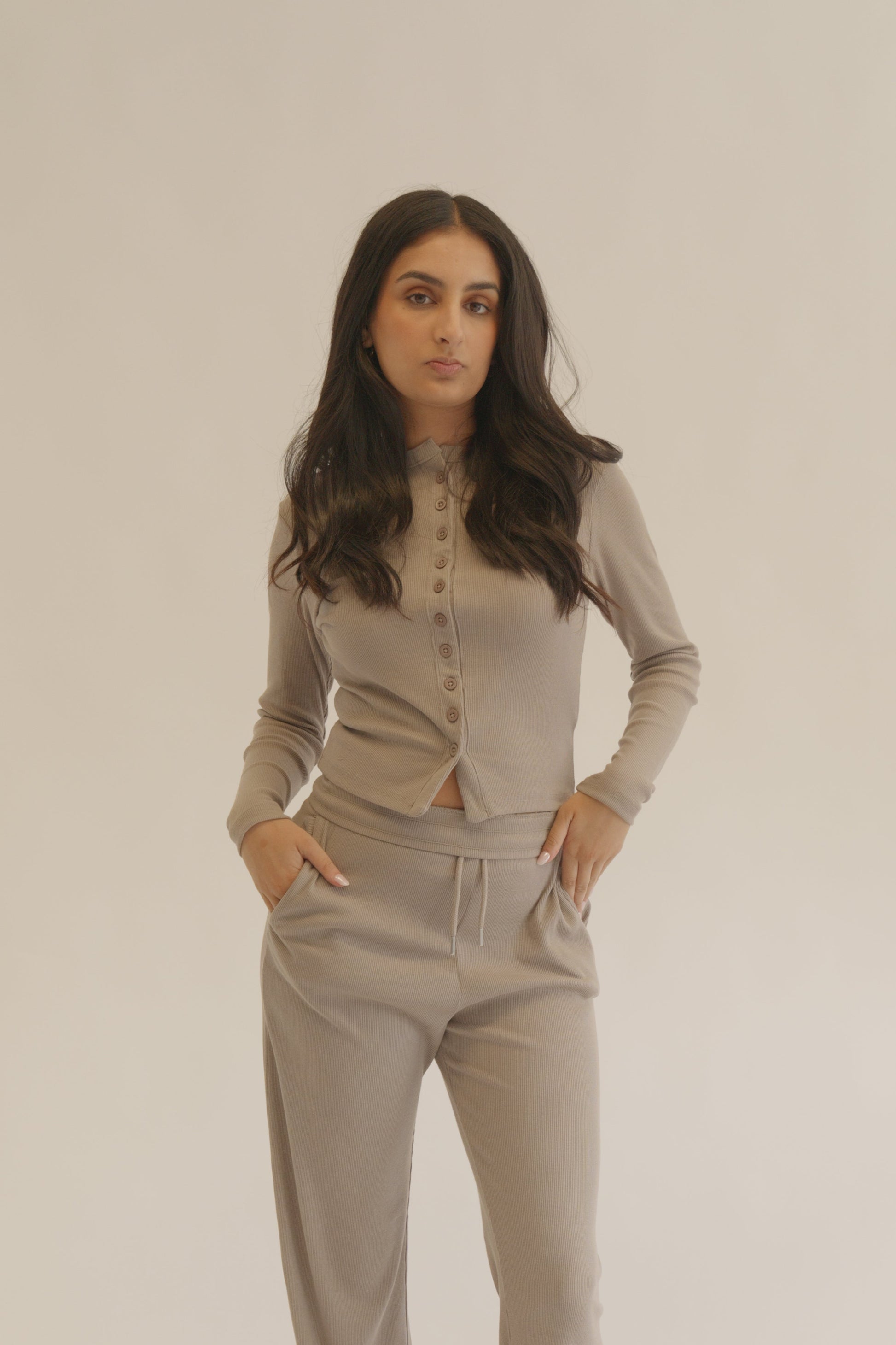 Dove Grey Ribbed Button-Up Long Sleeve Top & Trousers Cotton Loungewear Set