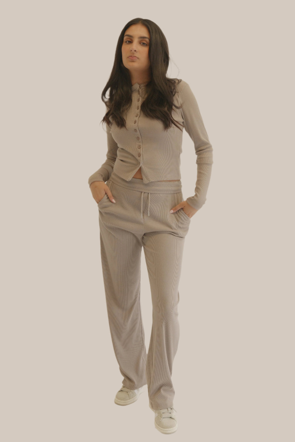Dove Grey Ribbed Button-Up Long Sleeve Top & Trousers Cotton Loungewear Set