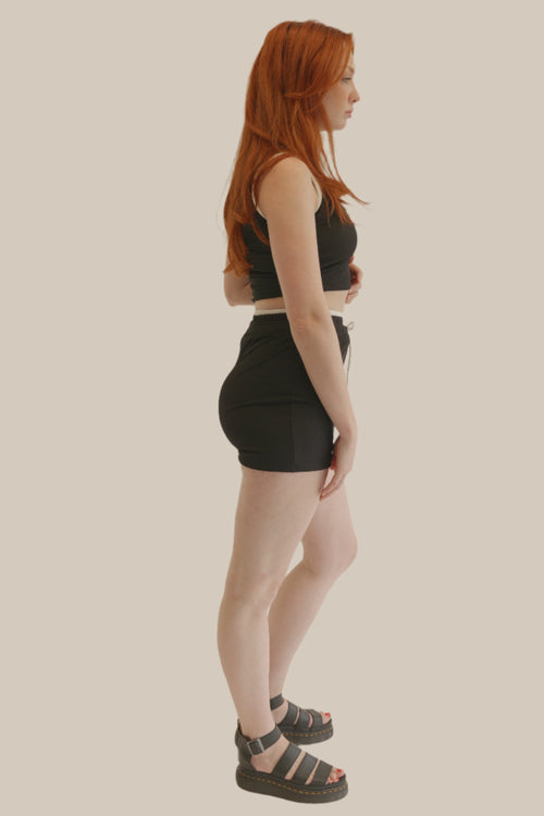 Black and White Contrast Ribbed Drawstring Shorts