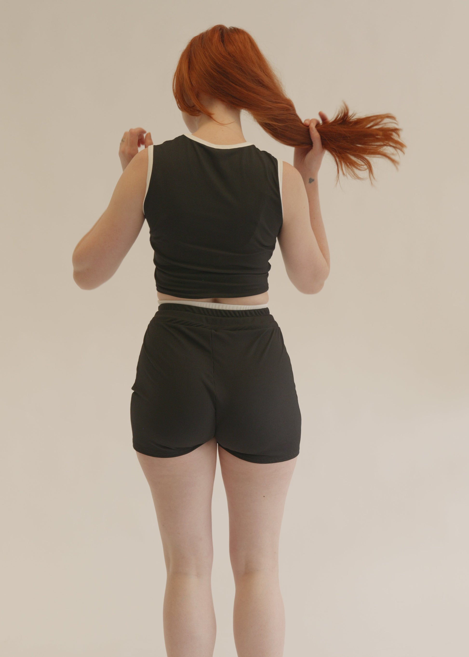 Black and White Contrast Ribbed Drawstring Shorts