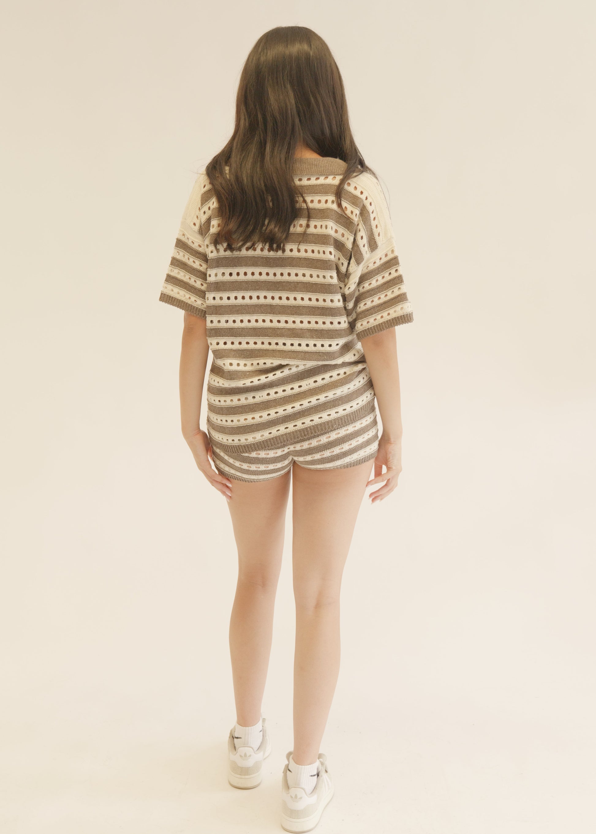 Brown Crochet Knit Top & Shorts Co-Ord Set