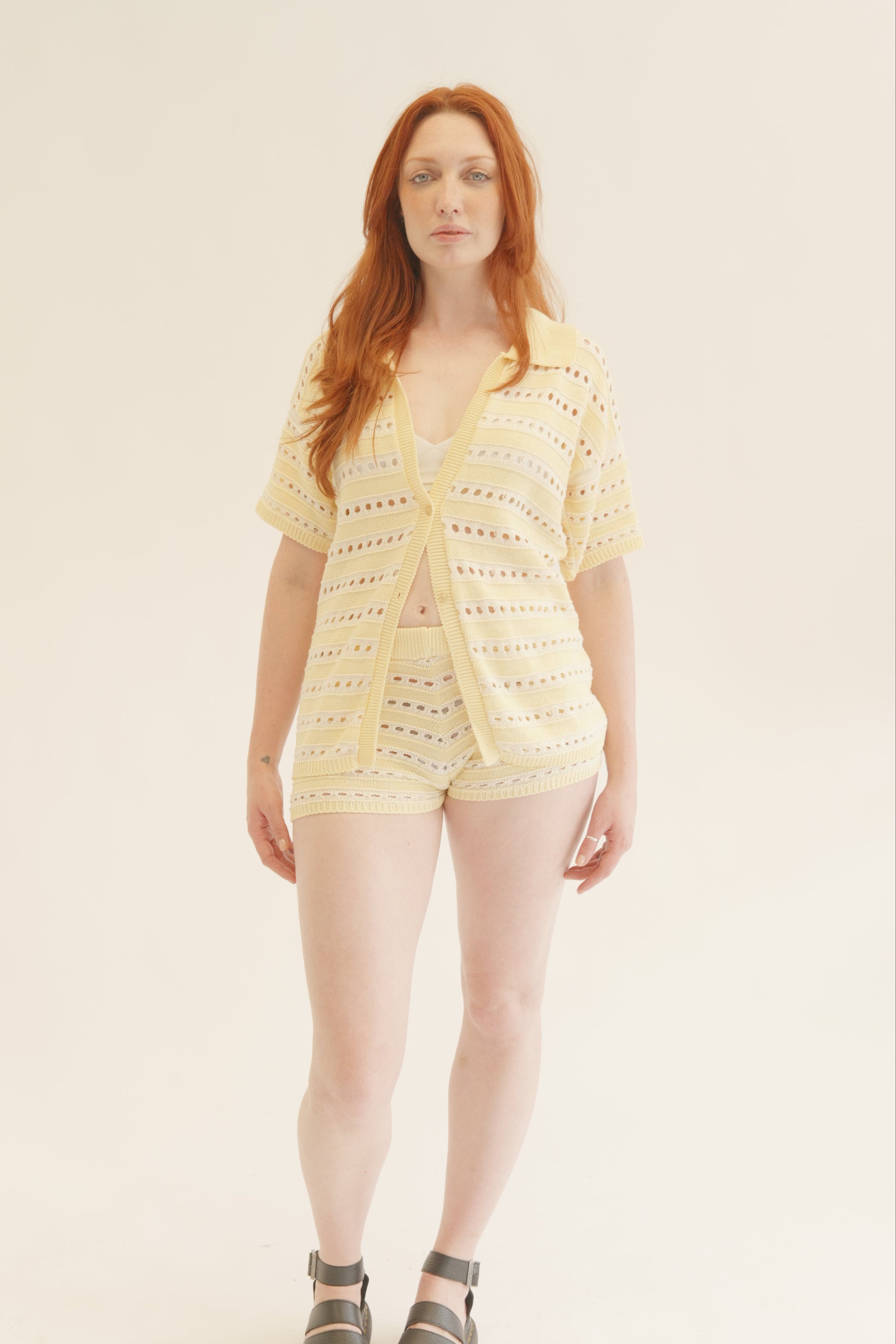 Yellow Crochet Knit Top & Shorts Co-Ord Set