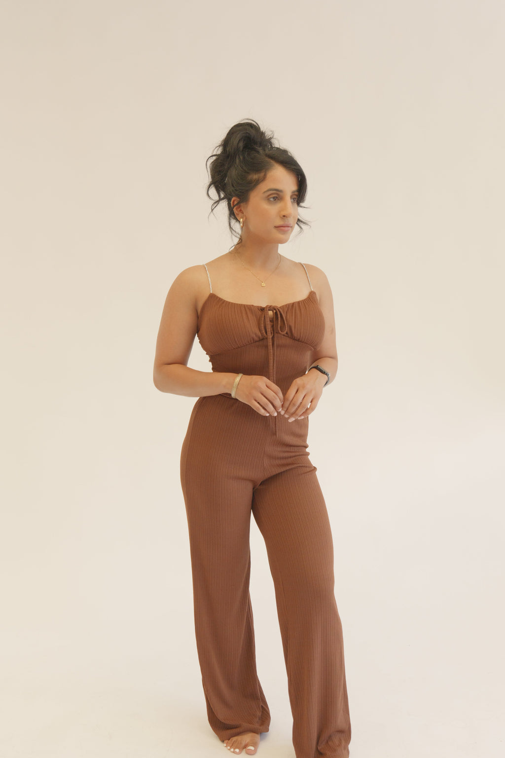 Brown Plissé Chain Strap Co-Ord Set